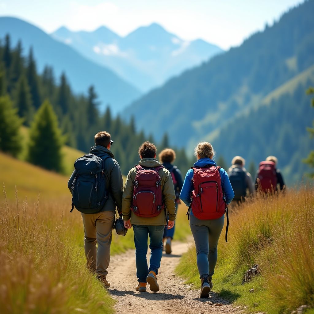 Group of friends hiking through mountain trail with backpacks