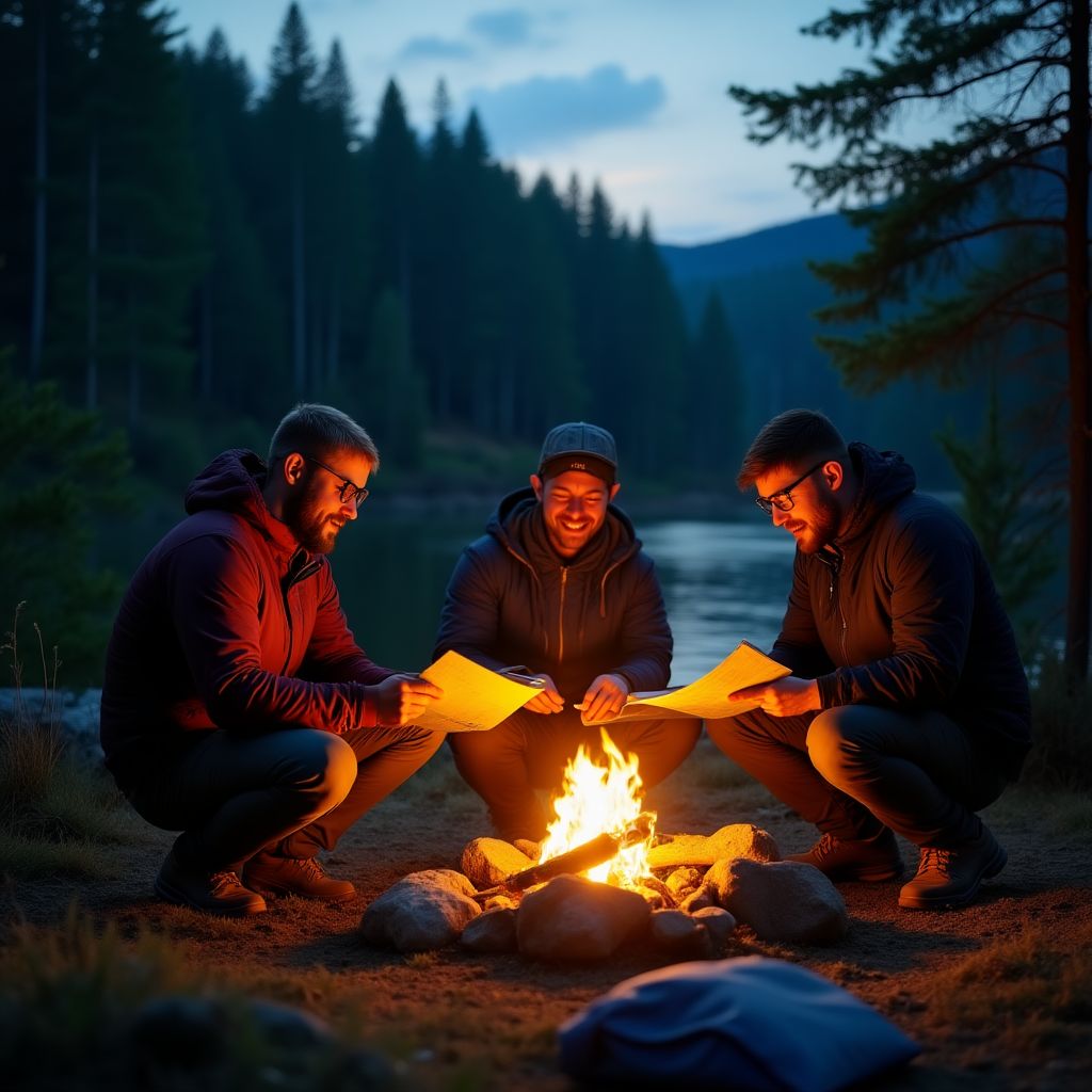 Three founders sitting around campfire planning adventures