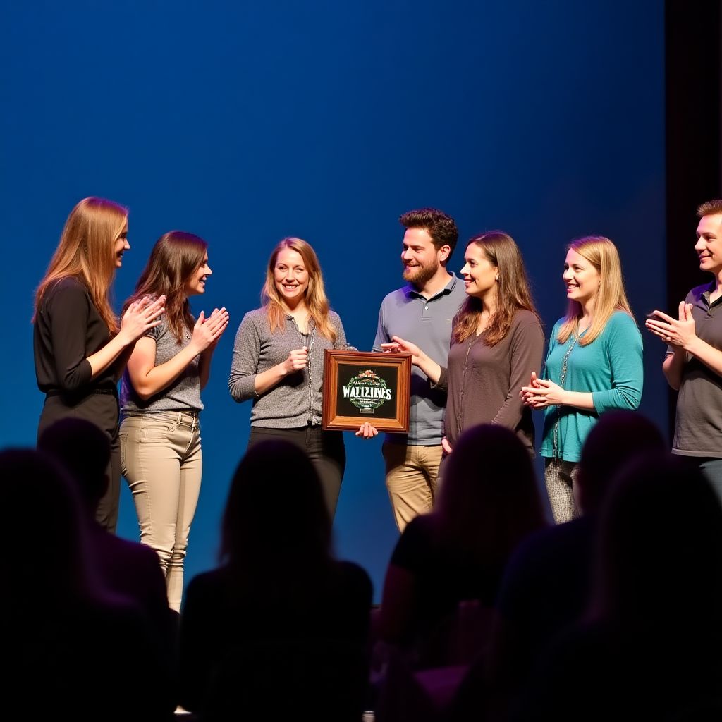 Team receiving outdoor industry award on stage