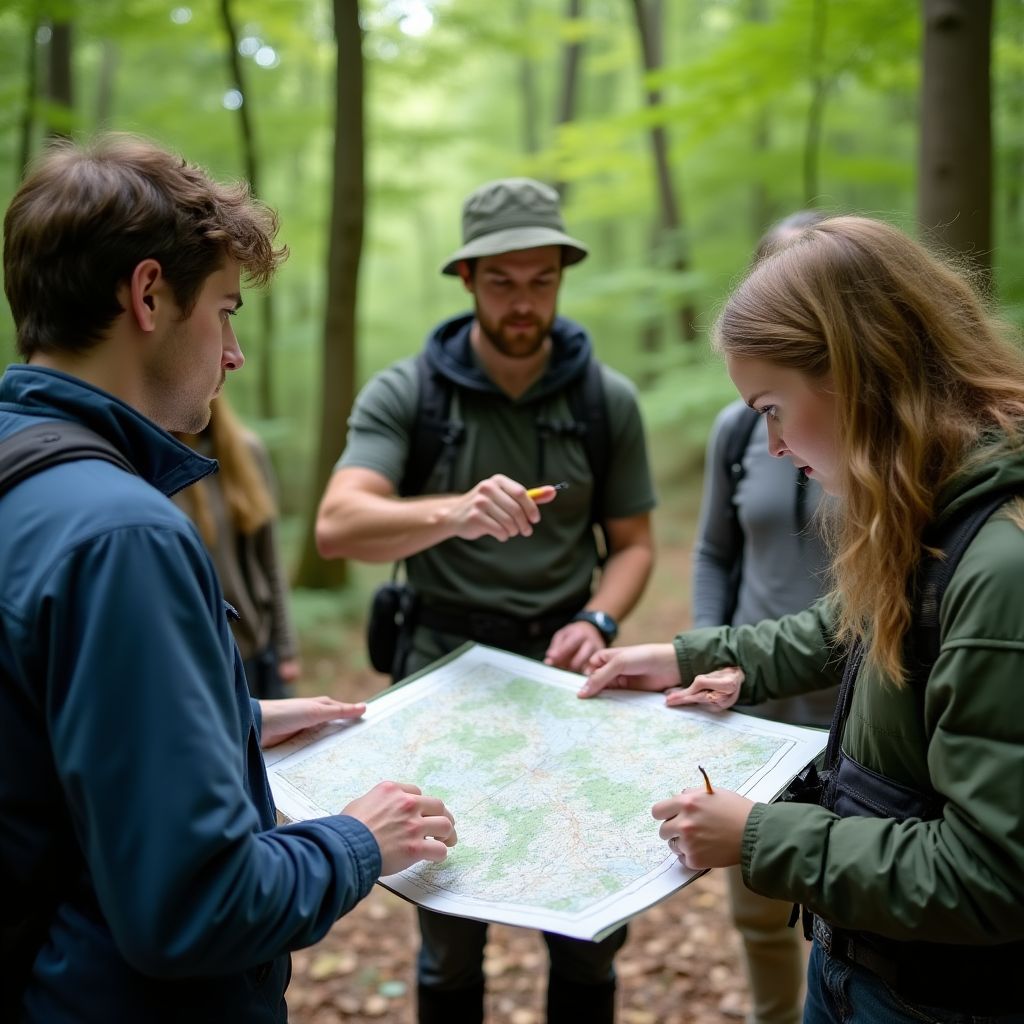 Workshop participants learning navigation skills outdoors