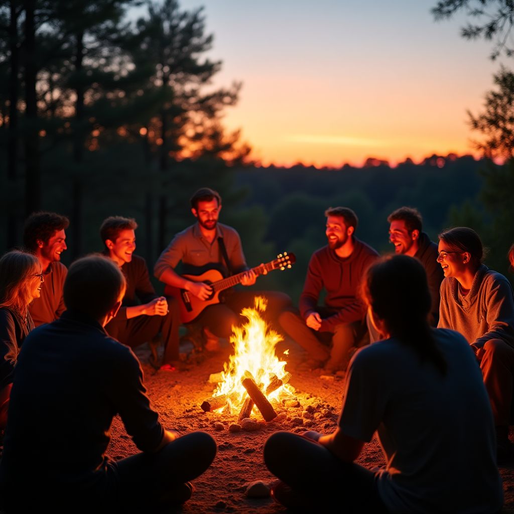 Sunset campfire gathering with guitar music