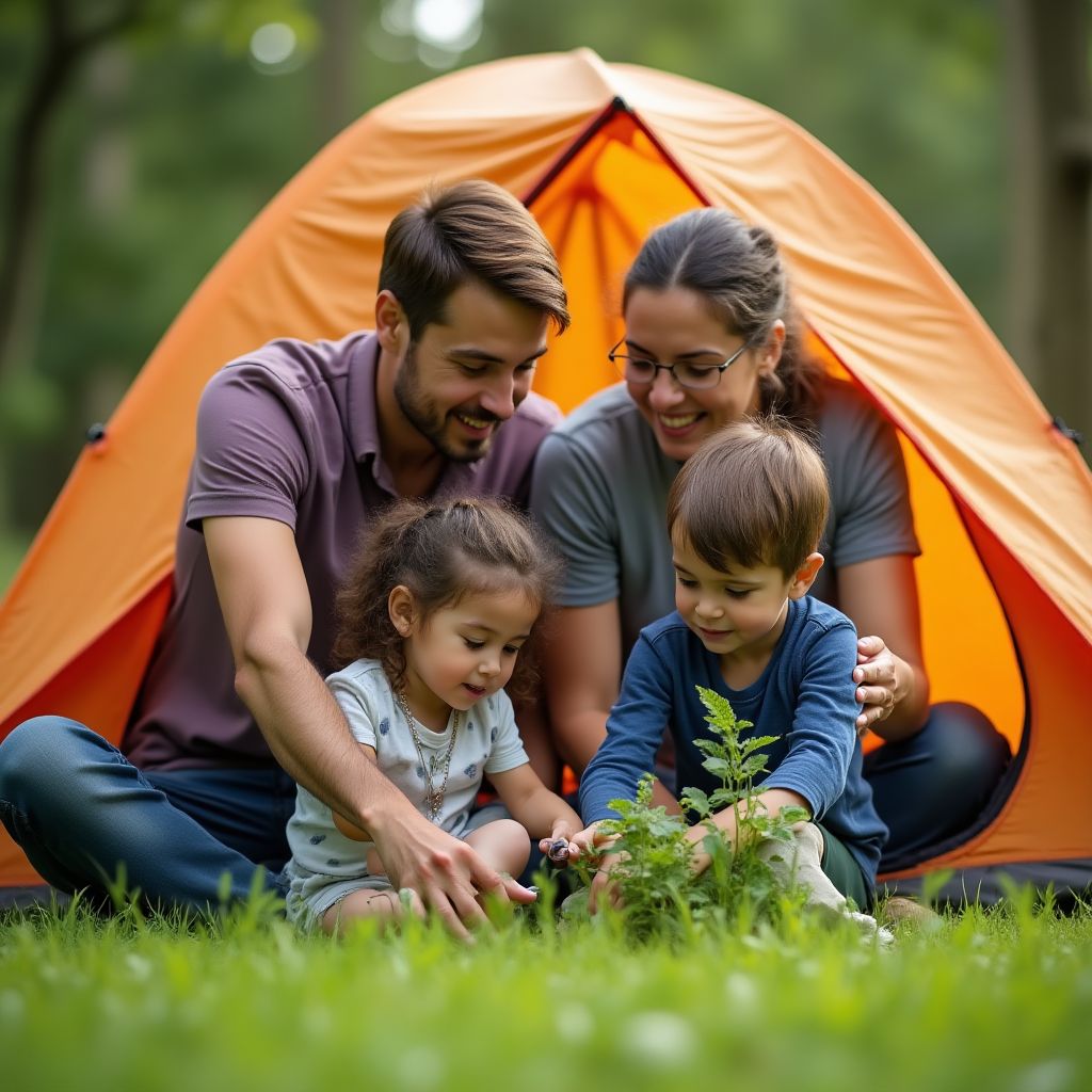 Family camping trip with children exploring nature