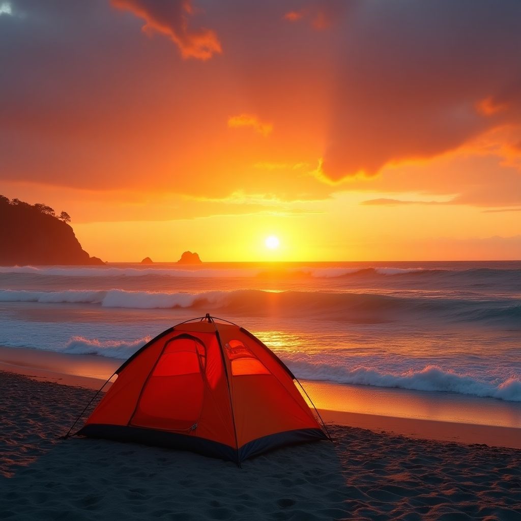 Beach camping with view of ocean sunset