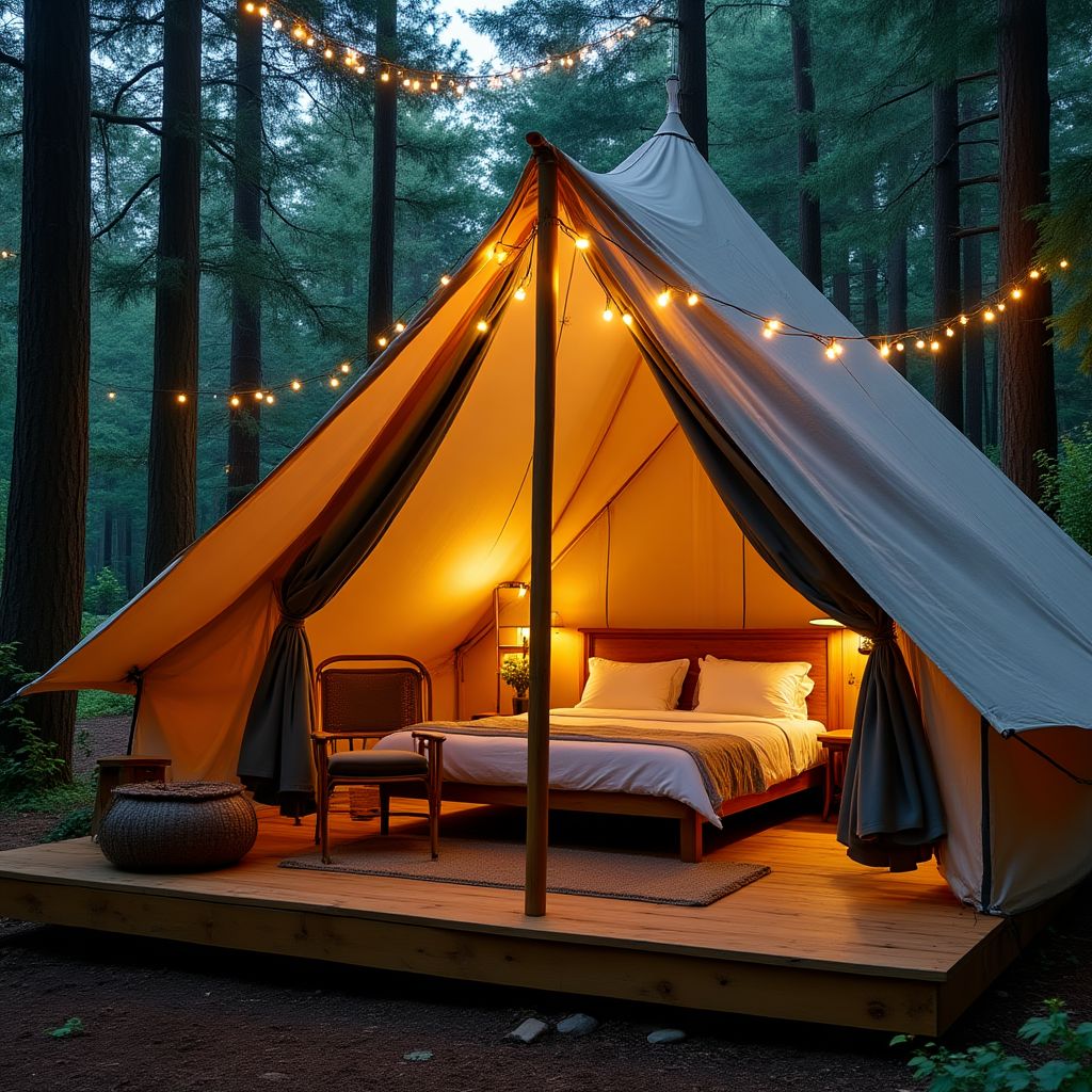 Luxury glamping tent in forest setting