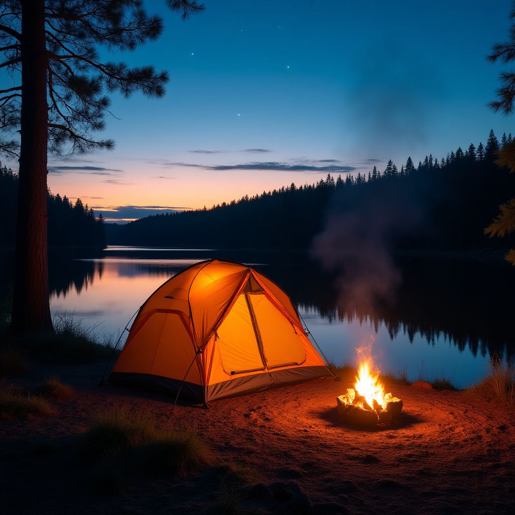 Lakeside camping with tent and campfire