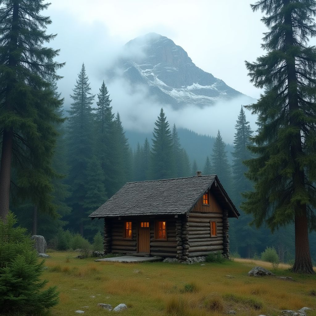 Cozy mountain cabin surrounded by forest