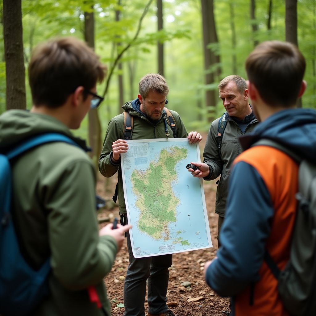 Instructor teaching map and compass navigation