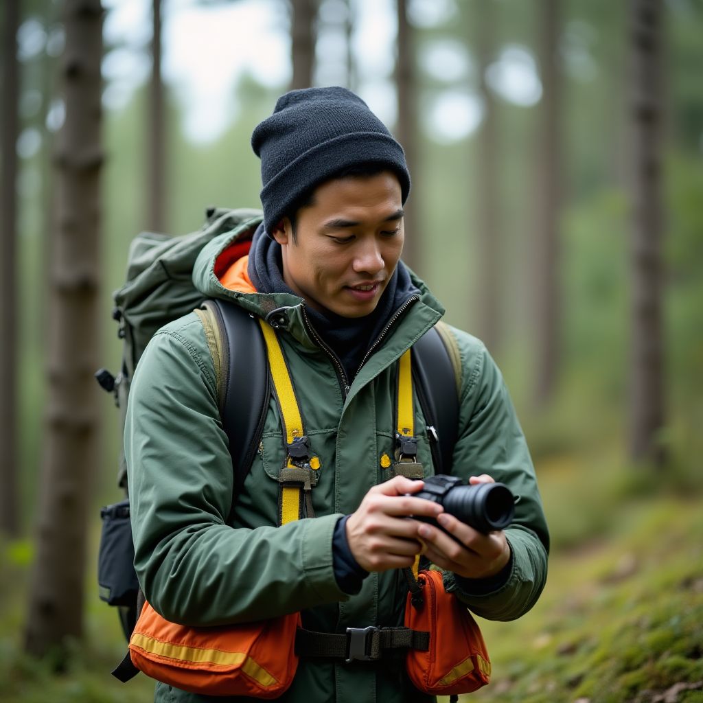 Marcus Chen examining camping gear in outdoor setting