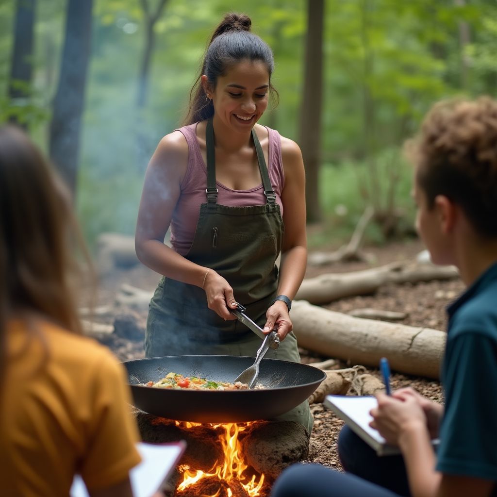 Elena Diaz teaching outdoor cooking at campsite