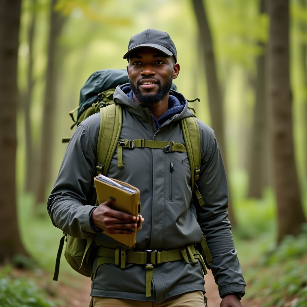 Jamal Thompson taking notes while hiking in forest