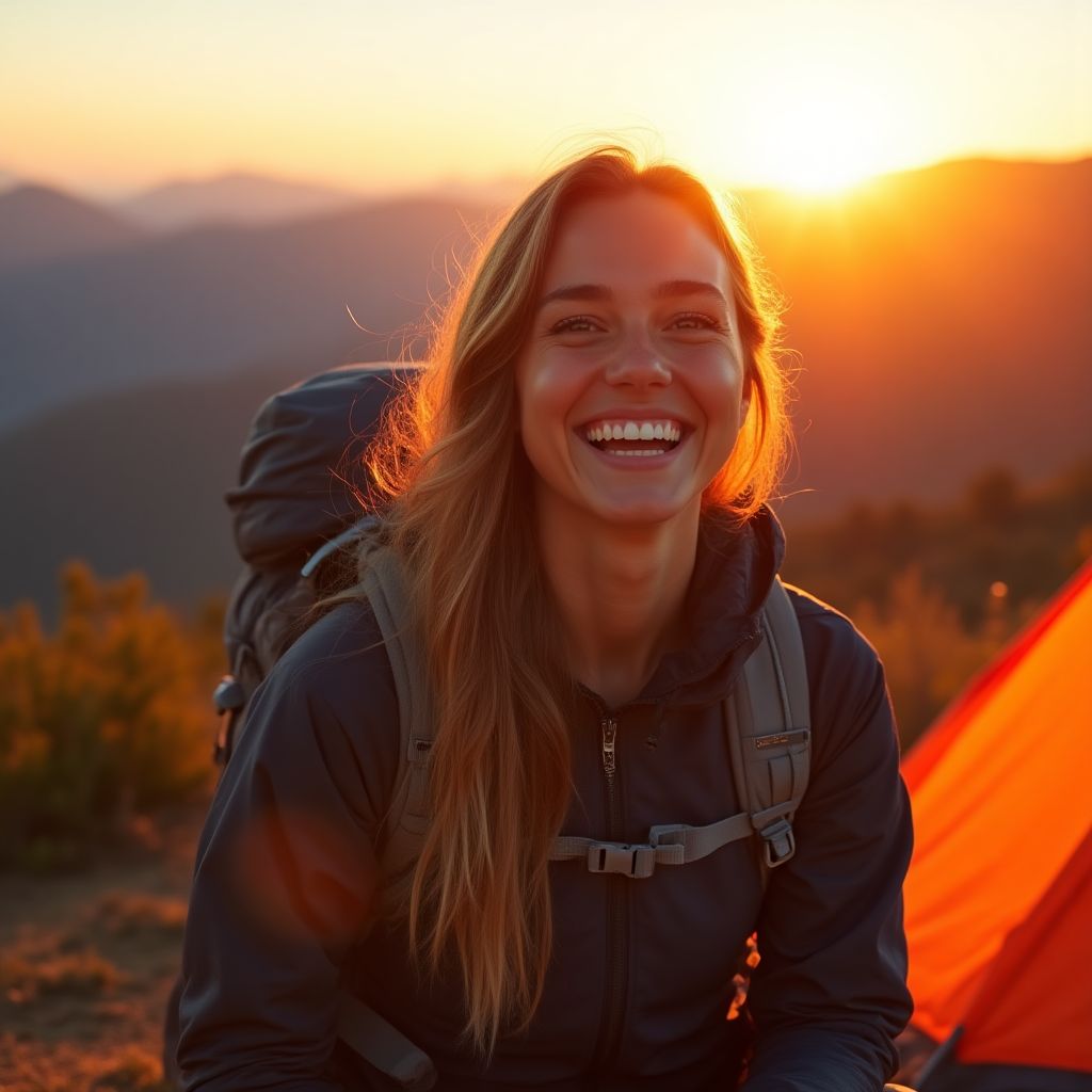 Sarah Miller smiling in front of tent