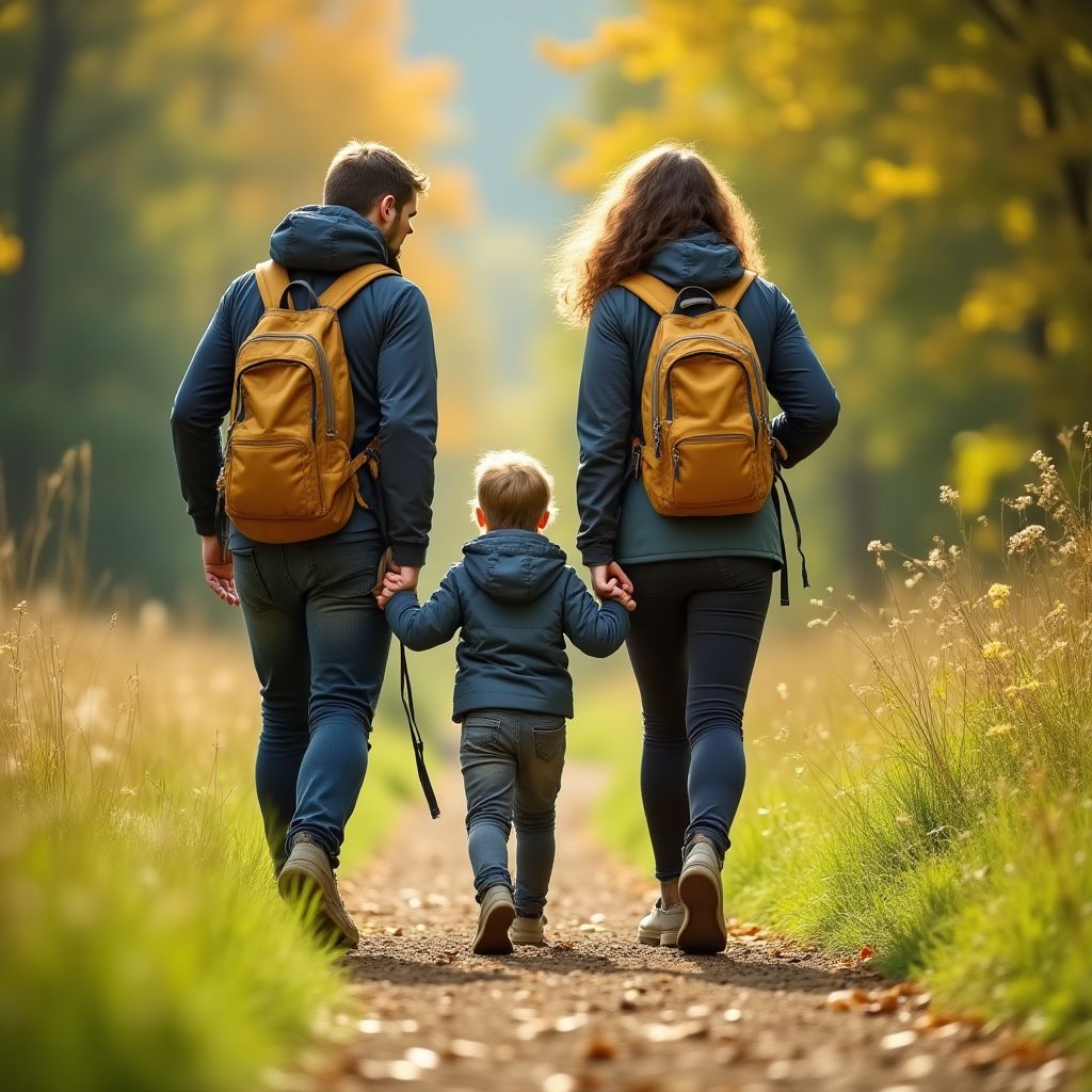 David and Priya Rodriguez hiking with child