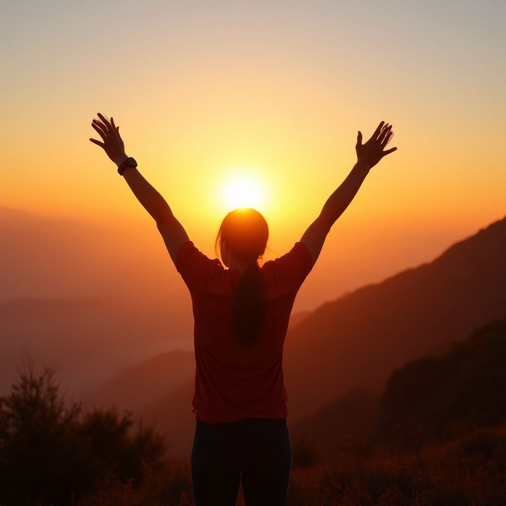 Person enjoying sunrise view from mountain top